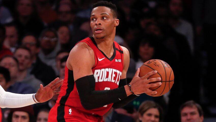 NEW YORK, NEW YORK - MARCH 02: (NEW YORK DAILIES OUT) Russell Westbrook #0 of the Houston Rockets in action against the New York Knicks at Madison Square Garden on March 02, 2020 in New York City.