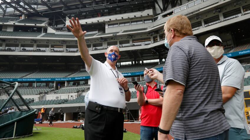 Mandatory Credit: Photo by Tony Gutierrez/AP/Shutterstock (10653420a)Rob Matwick, Executive Vice President of Building Operations, answers questions from reporters during a tour of Globe Life Field, the newly-built home of the Texas Rangers, in Arlington, Texas, .