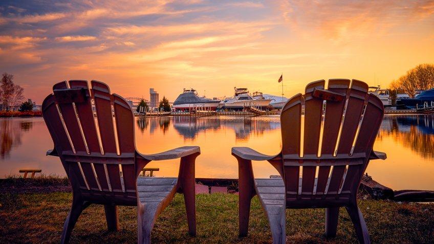 Relaxing feel with two chairs on the bay side of the Park Point, Duluth, MN.