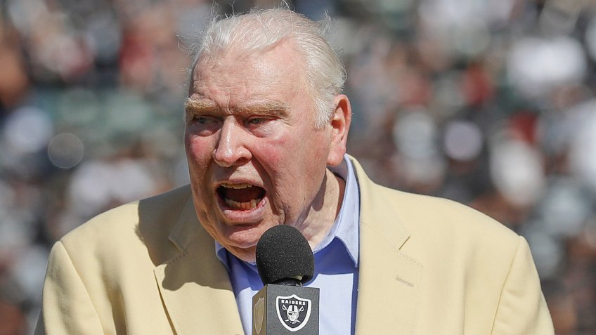 Mandatory Credit: Photo by Marcio Jose Sanchez/AP/Shutterstock (9270504dr)Former Oakland Raiders head coach John Madden speaks before unveiling a Pro Football Hall of Fame bust for former quarterback Ken Stabler at a ceremony during halftime of an NFL football game between the Oakland Raiders and the Atlanta Falcons in Oakland, CalifFalcons Raiders Football, Oakland, USA - 18 Sep 2016.