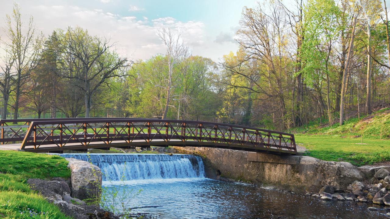 Bridge-Iron Bridge and Waterfall-Kokomo Creek-Howard County Indiana.