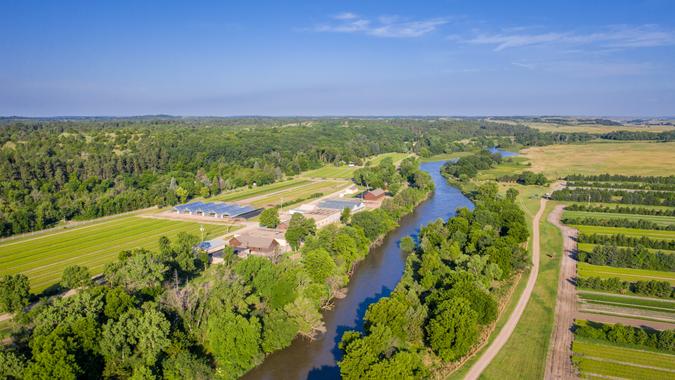 Aerial landscape of Nebraska Sandhills with the Middle Loupe River at Nebraska National Forest near Halsey.