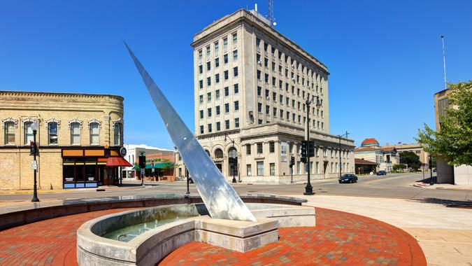 Oshkosh, Wisconsin , USA - June 10, 2017: Daytime view of The Opera House Square Sundial located at the corner of Algoma Ave and Main St in the downtown district.