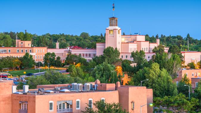 Santa Fe, New Mexico, USA downtown skyline at dusk.