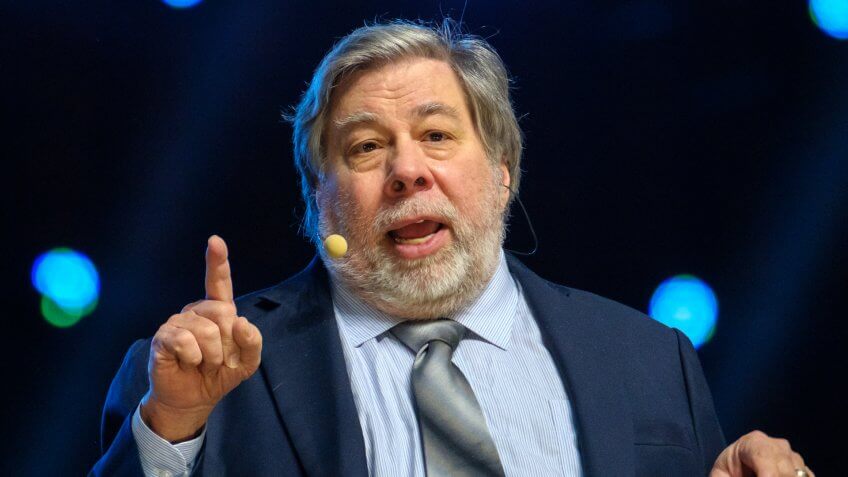 Moscow - Russia, April 23, 2018: Apple corporation co-founder Stephen Wozniak performs at business conference.