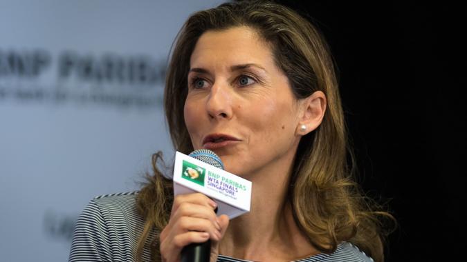 Mandatory Credit: Photo by Rob Prange/Shutterstock (9940355bq)Monica Seles talks to the media during the WTA Legends Press Conference at the 2018 WTA Finals tennis tournamentBNP Paribas WTA Finals, Day 2, Kallang, Singapore - 22 Oct 2018.