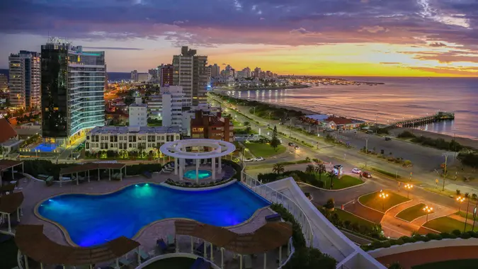 Aerial view over Punta Del Este and Atlantic Ocean on sunset.