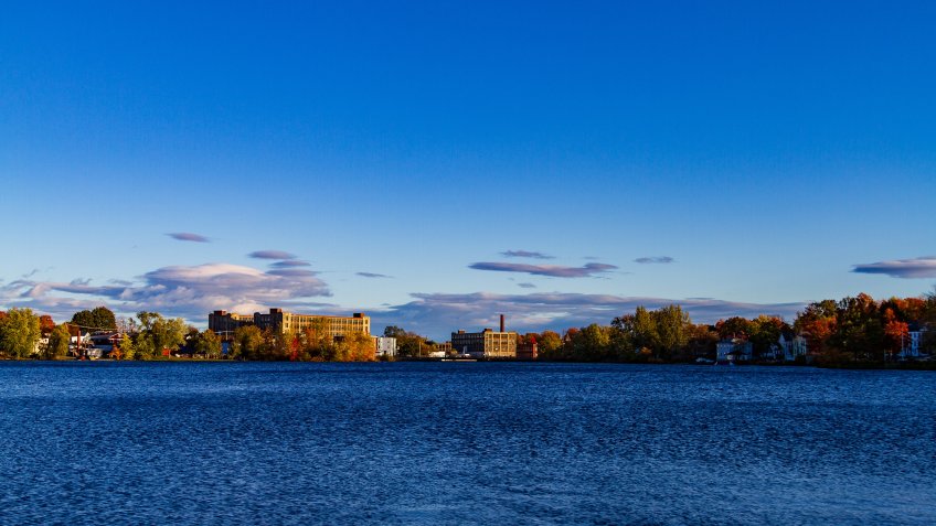Royalty-free stock photo ID: 1629147361 Crisp dry fall air and a lazy sunset over Number One Pond In sanford, Maine. Sanford, ME, USA