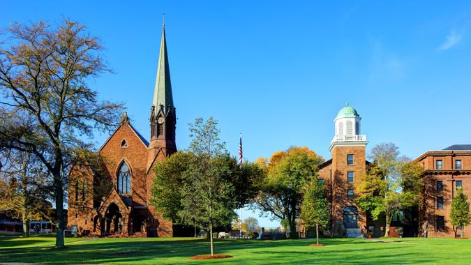 Wesleyan University Middletown, Connecticut, USA - October 28, 2017: Daytime view of College Row on the campus of Wesleyan University along High Street.