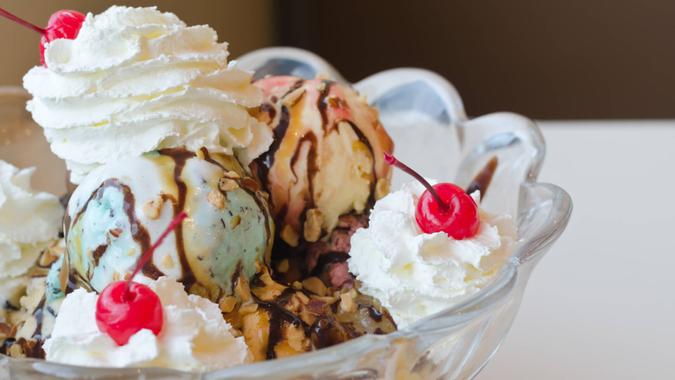 Ice cream sundae in big bowl.