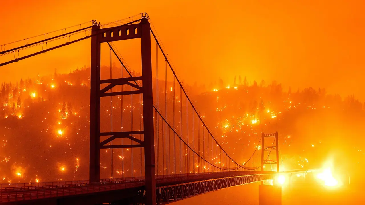 Mandatory Credit: Photo by Noah Berger/AP/Shutterstock (10770872f)In this image taken with a slow shutter speed, embers light up a hillside behind the Bidwell Bar Bridge as the Bear Fire burns in Oroville, Calif.