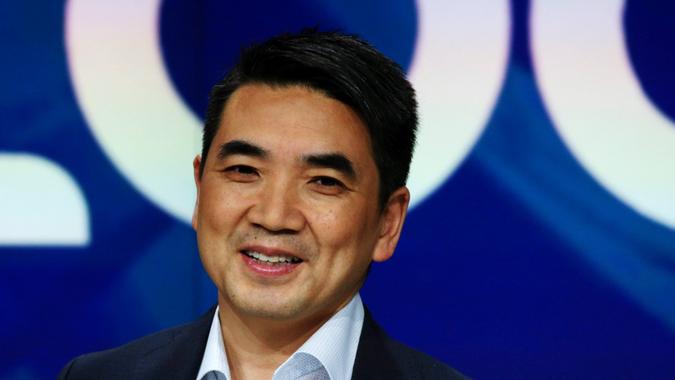 NEW YORK, NY - APRIL 18: Zoom founder Eric Yuan speaks before the Nasdaq opening bell ceremony on April 18, 2019 in New York City.