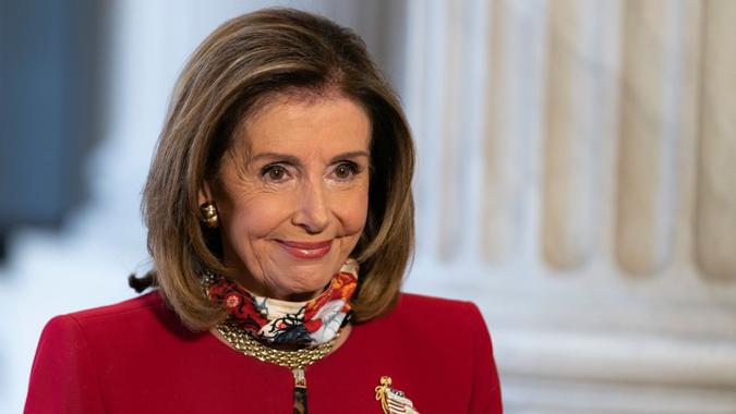 Mandatory Credit: Photo by ALEX EDELMAN/EPA-EFE/Shutterstock (10793317a)US House Speaker Nancy Pelosi, (D-CA), speaks during a television interview at the US Capitol in Washington, DC, USA, 28 September 2020.