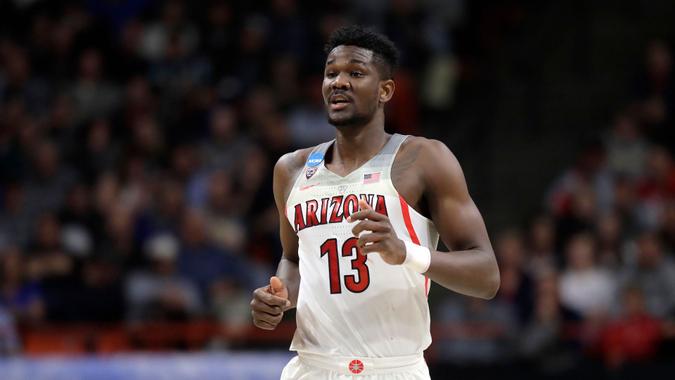 Mandatory Credit: Photo by Ted S Warren/AP/Shutterstock (9468722f)Arizona forward Deandre Ayton during the first half of a first-round game against Buffalo in the NCAA men's college basketball tournament, in Boise, IdahoNCAA Buffalo Arizona Basketball, Boise, USA - 15 Mar 2018.