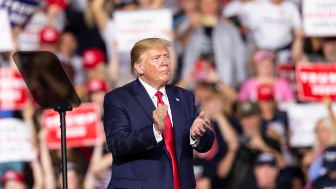 Manchester, NH - August 15, 2019: President Donald Trump speaks during campaign MAGA rally at Southern New Hampshire University Arena