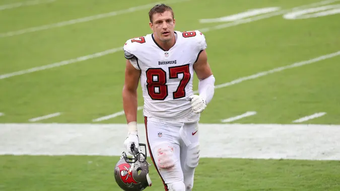 Mandatory Credit: Photo by Mark LoMoglio/AP/Shutterstock (10884596hg)Tampa Bay Buccaneers tight end Rob Gronkowski (87) leaves the field after an NFL football game against the Los Angeles Chargers, in Tampa, FlaChargers Buccaneers Football, Tampa, United States - 04 Oct 2020.