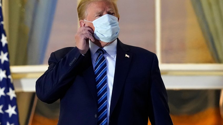 Mandatory Credit: Photo by Alex Brandon/AP/Shutterstock (10911987r)President Donald Trump removes his mask as he stands on the balcony outside of the Blue Room as returns to the White House, in Washington, after leaving Walter Reed National Military Medical Center, in Bethesda, Md.