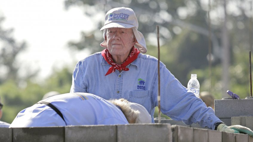 Mandatory Credit: Photo by Pongmanat Tasiri/EPA/Shutterstock (8303977c)Former Us President Jimmy Carter Helps to Build a House During the Annual Habitat For Humanity Build Project in Nong Kon Kru Village San Sai District Chiang Mai Province Northern Thailand 16 November 2009 Carter is in Northern Thailand Accompanied by Celebrities Including Chinese Movie Star Jet Li and Former Japanese Soccer Star Hidetoshi Nakata to Build a Community of 82 Houses the Number 82 Has Been Chosen to Honor the 82nd Birthday of Thai King Bhumibol Adulyadej On 05 December and the Project is a Part of 'The 2009 Jimmy & Rosalynn Carter Work Project: the Mekong Build' Which Will Involve Nearly 3 000 Volunteers From Around the World Building and Repairing Homes in Thailand Vietnam China Cambodia and Laos All Countries Along Mekong RiverThailand Habitat Carter - Nov 2009.
