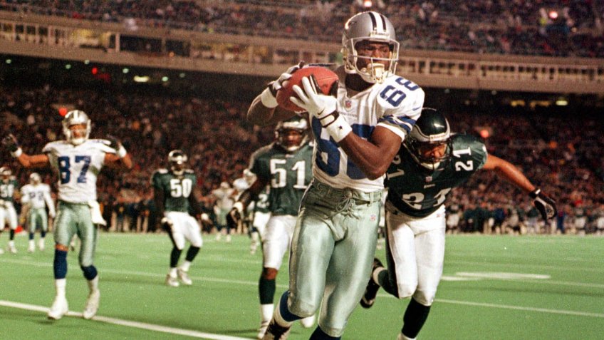 Mandatory Credit: Photo by Chris Gardner/AP/Shutterstock (6499899a)Irvin Dallas Cowboys Michael Irvin fields a pass for a touchdown against the Philadelphia Eagles during the first quarter of their game in PhiladelphiaNFL Hall of Famers, PHILADELPHIA, USA.