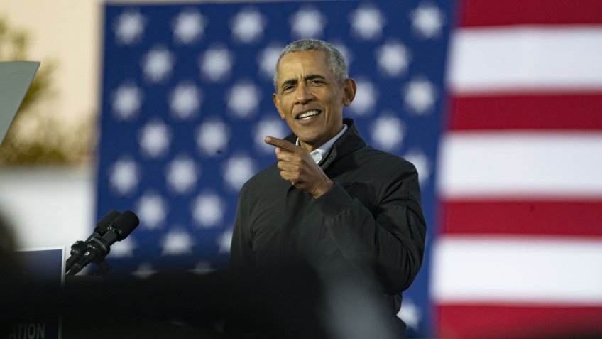 Mandatory Credit: Photo by Dominick Sokotoff/Shutterstock (10990261u)President Barack Obama speaks at a drive-in rally for Vice President Joe Biden on Belle IsleVice President Joe Biden and President Barack Obama speak at a drive-in rally, Detroit, Michigan, USA - 31 Oct 2020.