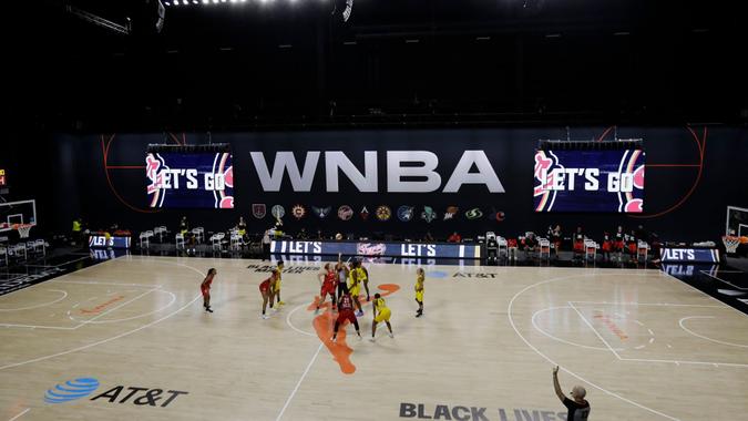Mandatory Credit: Photo by Chris O'Meara/AP/Shutterstock (10741532j)The Las Vegas Aces and Indiana Fever tip off during the first half of a WNBA basketball game, in Bradenton, FlaAces Fever Basketball, Bradenton, United States - 11 Aug 2020.
