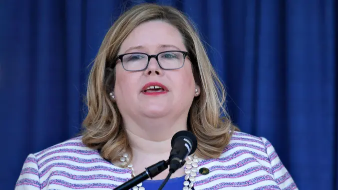 Mandatory Credit: Photo by Susan Walsh/AP/Shutterstock (11010650a)General Services Administration Administrator Emily Murphy speaks during a ribbon cutting ceremony in Washington, .
