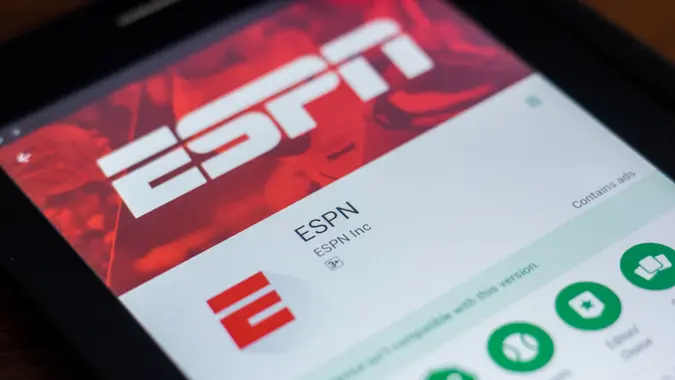 Ryazan, Russia - March 21, 2018 - ESPN mobile app on the display of tablet PC.