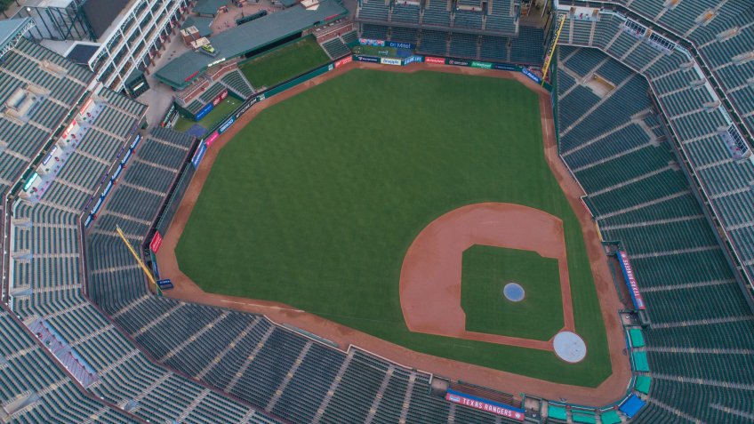 ARLINGTON, TEXAS, USA - AUGUST 1, 2018:Aerial drone photo Globe Life Park in Arlington