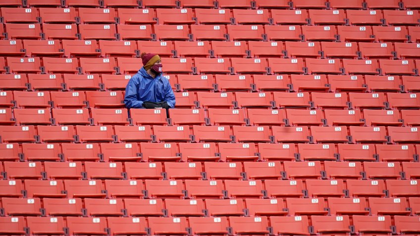 Mandatory Credit: Photo by Patrick Semansky/AP/Shutterstock (10974212q)Fans sits in an empty seating section of Fedex Field during the first half of an NFL football game between Dallas Cowboys and Washington Football Team, in Landover, MdCowboys Washington Football, Landover, United States - 25 Oct 2020.