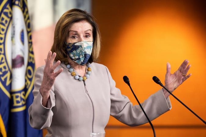 Mandatory Credit: Photo by Michael Brochstein/SOPA Images/Shutterstock (11532637a)House Speaker Nancy Pelosi (D-CA) wearing a face mask speaks at her weekly press conference.