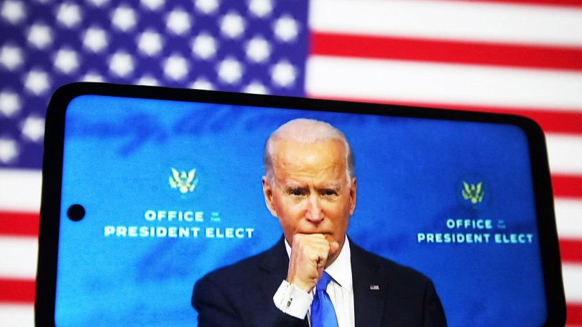 Mandatory Credit: Photo by Pavlo Gonchar/SOPA Images/Shutterstock (11549452e)In this photo illustration the US President-elect Joe Biden speaks after the Electoral College formally confirmed his victory during the 2020 U.