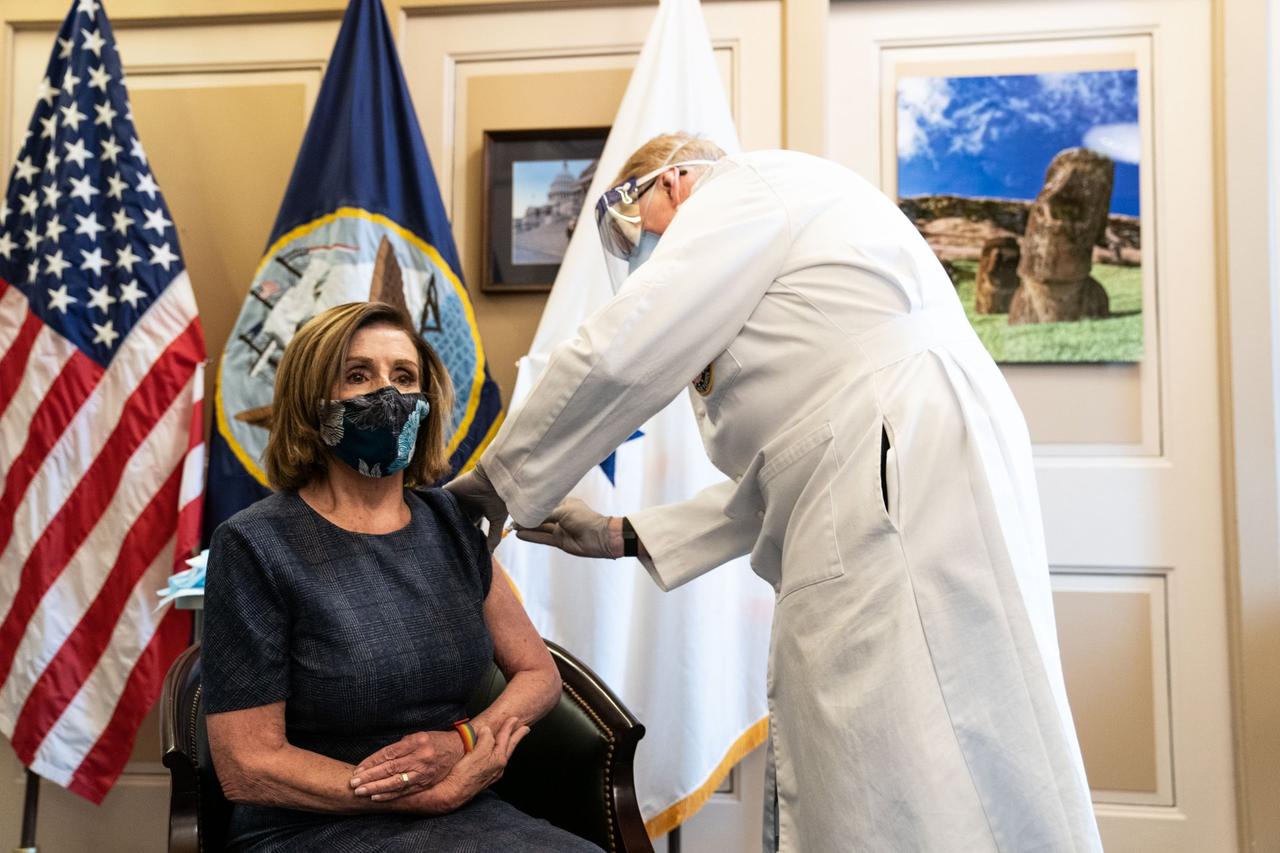 Mandatory Credit: Photo by Shutterstock (11596506p)Speaker of the United States House of Representatives Nancy Pelosi (Democrat of California), receives the Pfizer-Biontech COVID-19 vaccine in the US Capitol Building in Washington DC on December 18th, 2020.