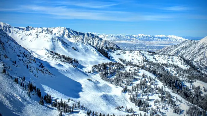 Winter Panoramic view of the back of the Wasatch Mountains Utah from the top of Brighton Ski Resort in the Rocky.