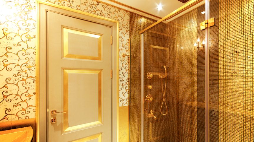 Luxurious golden shower and door.