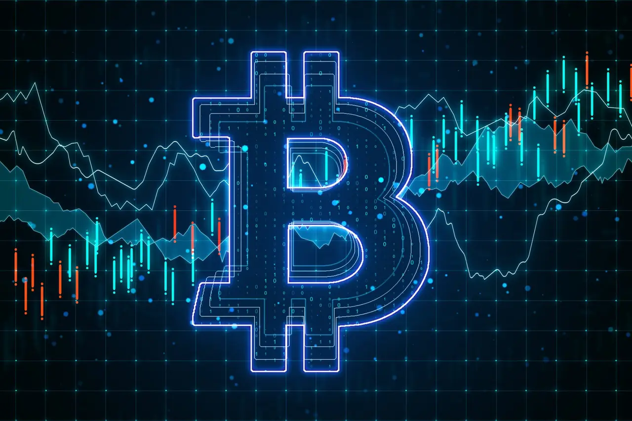 E-commerce concept with big glowing bitcoin circuit at business statistic graphs background.