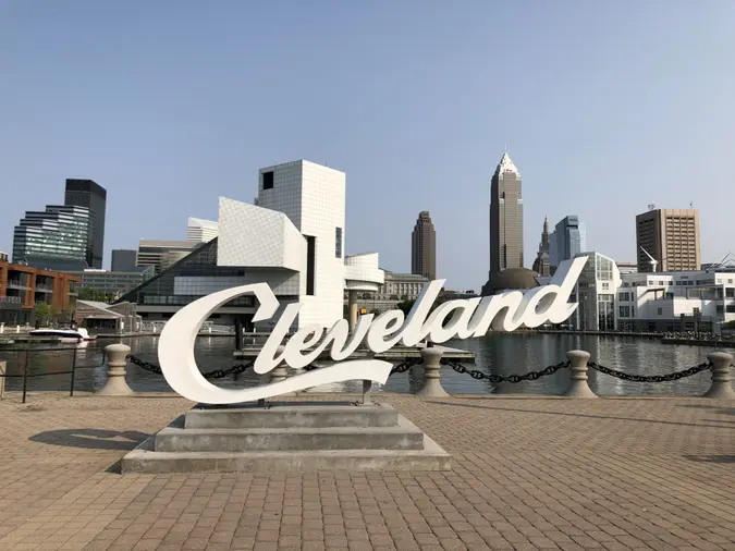 This famous sign is one of the most popular places in Cleveland and it has the downtown skyline in the background.