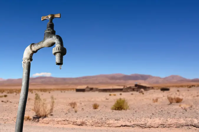 Drips faucet and dry environment in the background.
