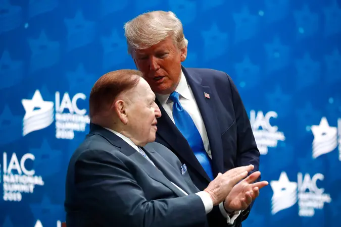 Mandatory Credit: Photo by Patrick Semansky/AP/Shutterstock (10494516m)President Donald Trump speaks with Las Vegas Sands Corporation Chief Executive and Republican mega donor Sheldon Adelson before speaking at the Israeli American Council National Summit in Hollywood, FlaTrump, Hollywood, USA - 07 Dec 2019.