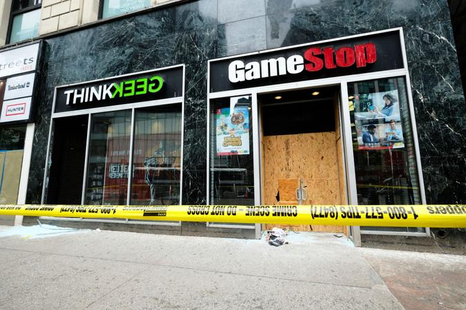 Mandatory Credit: Photo by Evan Agostini/Invision/AP/Shutterstock (10667337b)ThinkGeek and GameStop stores on Broadway show signs of damage after a night of looting and and social unrest following George Floyd police brutality protests in Manhattan, in New YorkNYC Looting Aftermath, New York, United States - 02 Jun 2020.