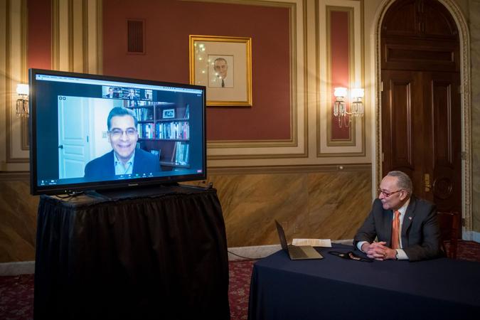 Mandatory Credit: Photo by Shutterstock (11560498c)United States Senate Minority Leader Chuck Schumer (Democrat of New York) is joined virtually by Health and Human Services Secretary-designate Xavier Becerra during a press conference at the US Capitol in Washington, DC,.