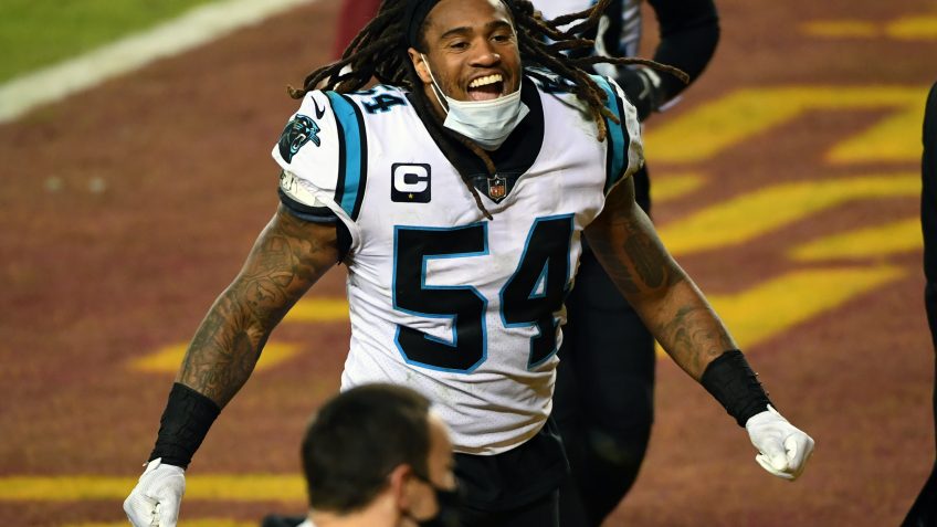 Mandatory Credit: Photo by KEVIN DIETSCH/UPI/Shutterstock (11667426aa)Washington Football Team outside linebacker Kevin Pierre-Louis (54) celebrates after the Panthers defeated the Washington Football Team 20-13, at FedEx Field in Landover, Maryland on Sunday, December 27,Carolina Panthers v.