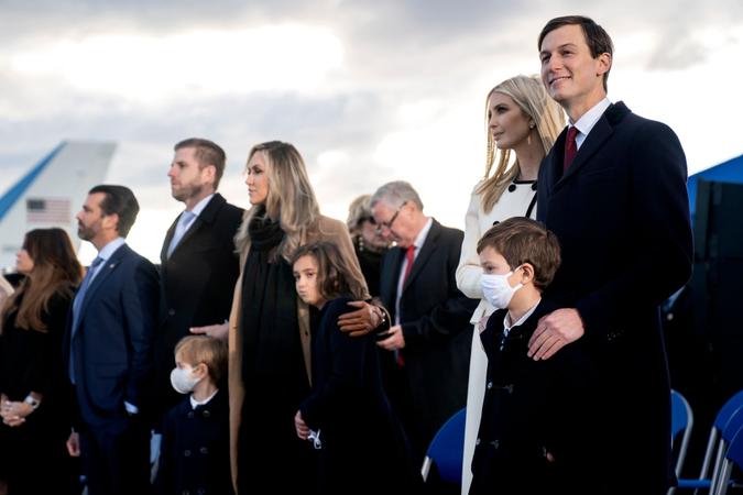 Mandatory Credit: Photo by Stefani Reynolds/POOL/EPA-EFE/Shutterstock (11718697aa)Jared Kushner, senior White House adviser, right, stands with members of the First Family and White House Chief of Staff Mark Meadows prior to a farewell ceremony at Joint Base Andrews, Maryland, USA, 20 January 2021.