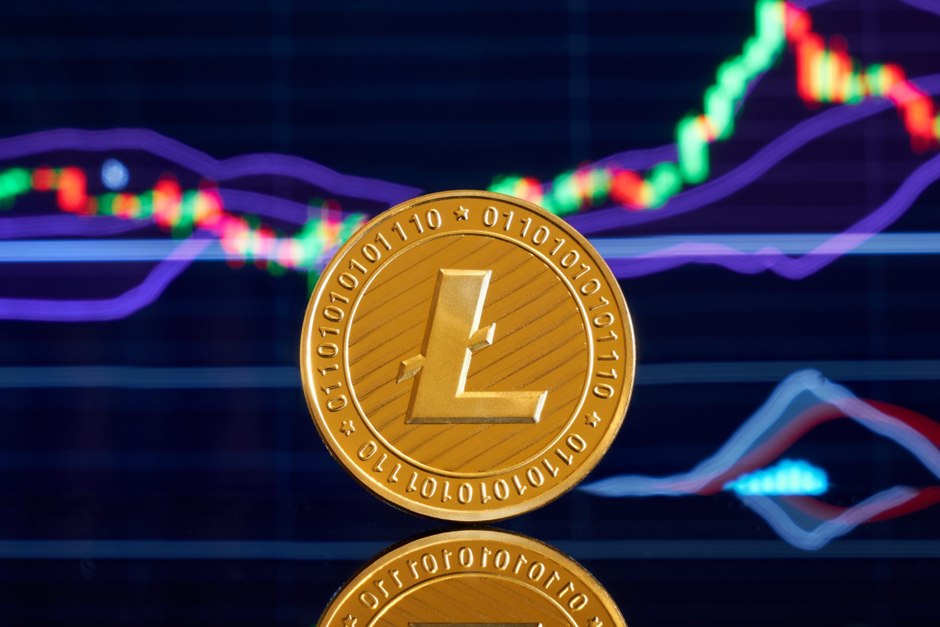 Gold coin litecoin on a bright background of business graphics close-up.