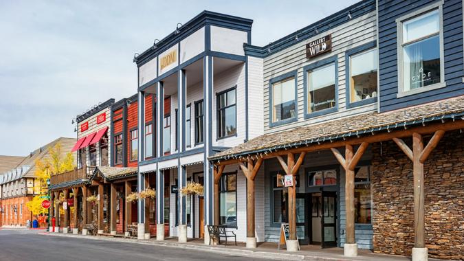 Stock photograph of a row of traditionally built businesses in downtown Jackson, Wyoming, USA.