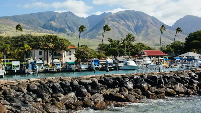 Lahaina Harbor on a beautiful day on the island of Maui, Hawaii.