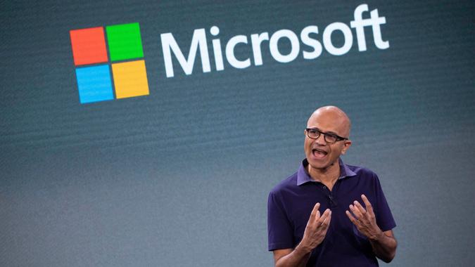 Mandatory Credit: Photo by Mark Lennihan/AP/Shutterstock (10434360b)Microsoft CEO Satya Nadella talks during a company event, in New YorkMicrosoft Event, New York, USA - 02 Oct 2019.
