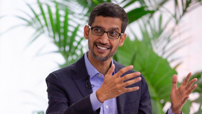 Mandatory Credit: Photo by Virginia Mayo/AP/Shutterstock (10530995b)Google's chief executive Sundar Pichai addresses the audience during an event on artificial intelligence at the Square in Brussels, .