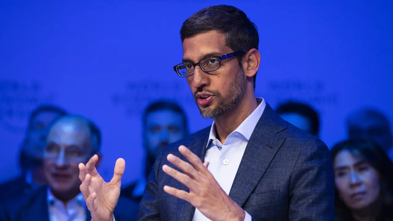 Mandatory Credit: Photo by GIAN EHRENZELLER/EPA-EFE/Shutterstock (10532640bc)Sundar Pichai, Chief Executive Officer, Google and Alphabet, attends a panel session of the 50th annual meeting of the World Economic Forum (WEF) in Davos, Switzerland, 22 January 2020.