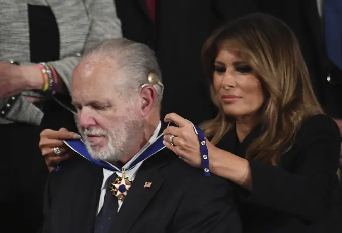 Mandatory Credit: Photo by PAT BENIC/UPI/Shutterstock (11665924n)First Lady Melania Trump presents conservative commentator Rush Limbaugh with the Presidential Medal of Freedom as President Donald Trump delivers his State of the Union address to a joint session of Congress in the House Chamber of the U.