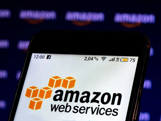 Mandatory Credit: Photo by Igor Golovniov/SOPA Images/Shutterstock (11731989b)In this photo illustration an Amazon Web Services logo seen displayed on a smartphone screen.